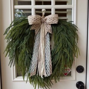 Natural Green Holiday Wreath with Beige Lace Bow